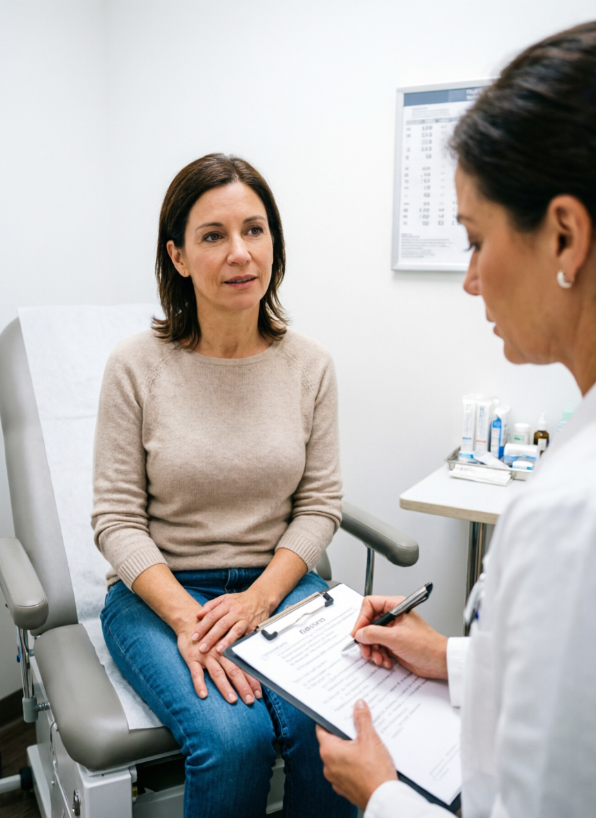 Пациентка разговаривает с гинекологом про сухость при климаксе